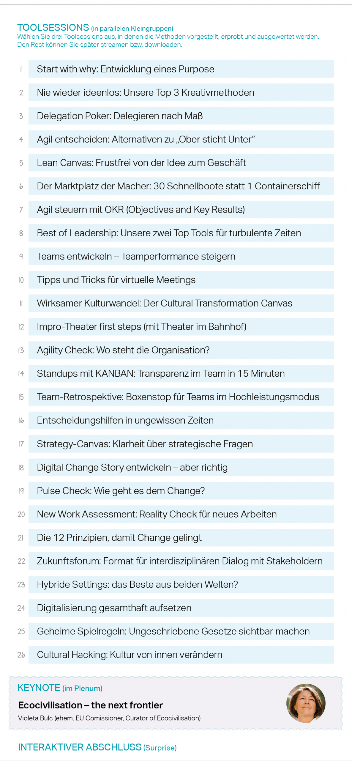 Tool Sessions, Purpose, Delegation Poker, Agil entscheiden, Lean Canvas, Leadership, Agility Check, Impro Theater, Change, Cultural Hacking, New Work Assessment, Kulturwandel, Keynote, Violeta Bulc